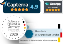 Badges (capterra, getapp, hosted in germany, bsi grundschutz lizenz)